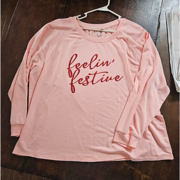"Feeling Festive" Women's Cato Pink Christmas Pullover Long Sleeve Top 22/24W - Picture 1 of 8